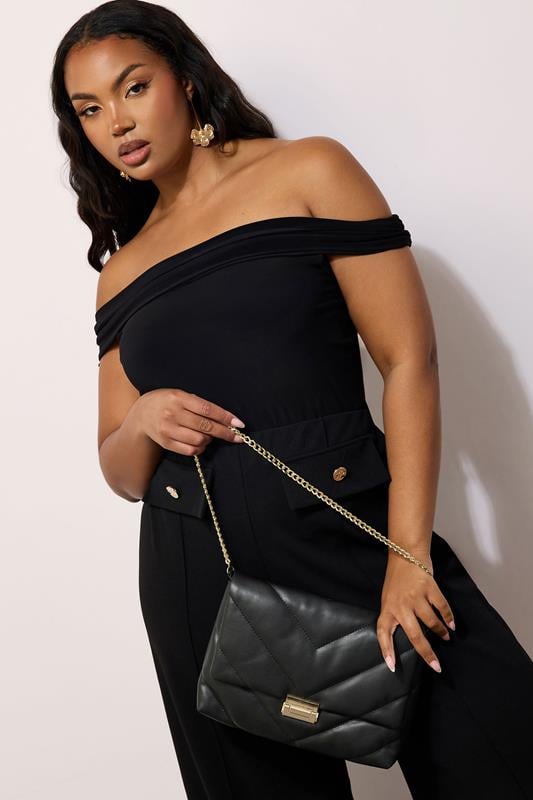 evans Yours Black Faux Leather Quilted Shoulder Bag