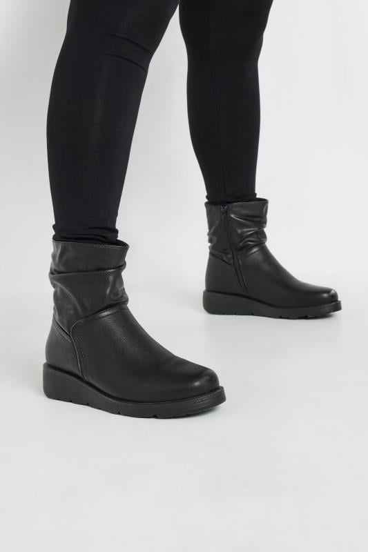 Evans Yours Black Faux Leather Slouch Wedge Boots In Extra Wide EEE Fit