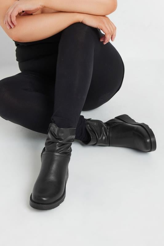 evans Yours Black Faux Leather Slouch Wedge Boots In Extra Wide EEE Fit