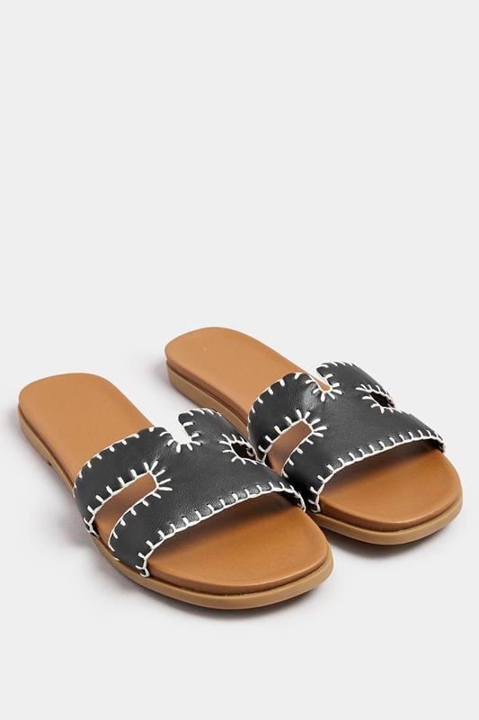 Evans Yours Black Faux Leather Stitched Mule Sandals In Extra Wide EEE Fit