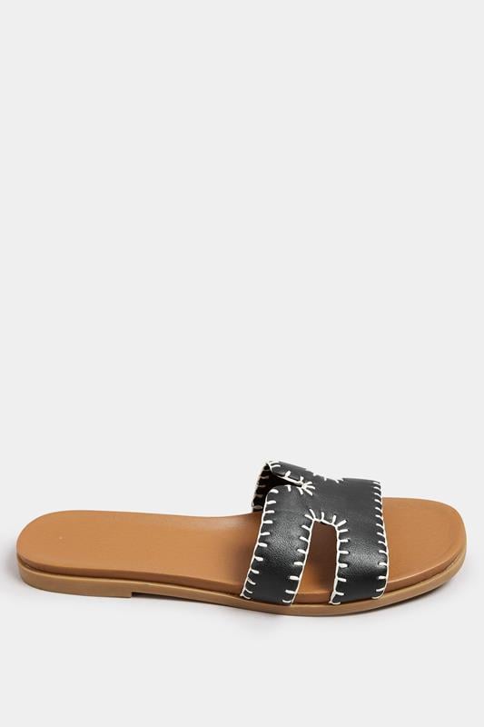 Evans Yours Black Faux Leather Stitched Mule Sandals In Extra Wide EEE Fit