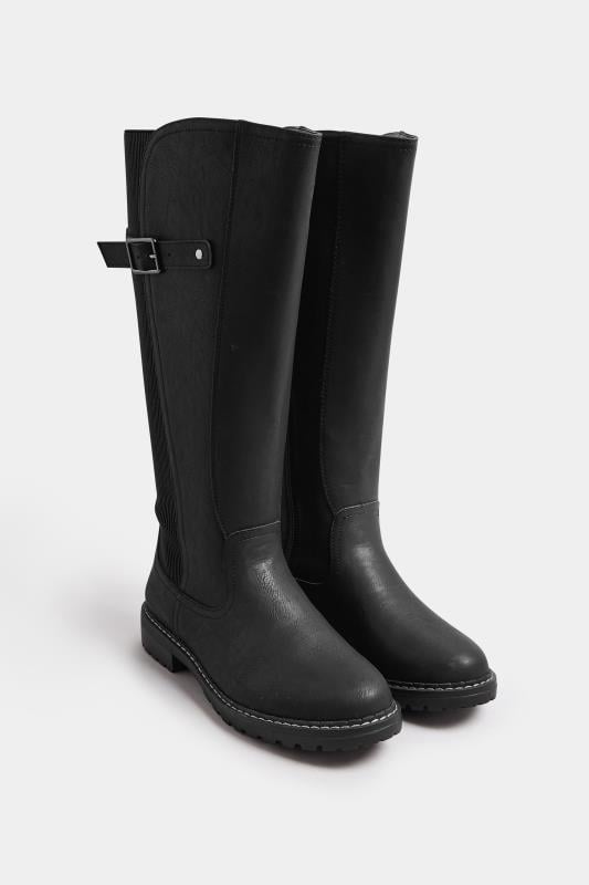 Evans Yours Black Faux Leather Stretch Knee High Boots In Extra Wide EEE Fit