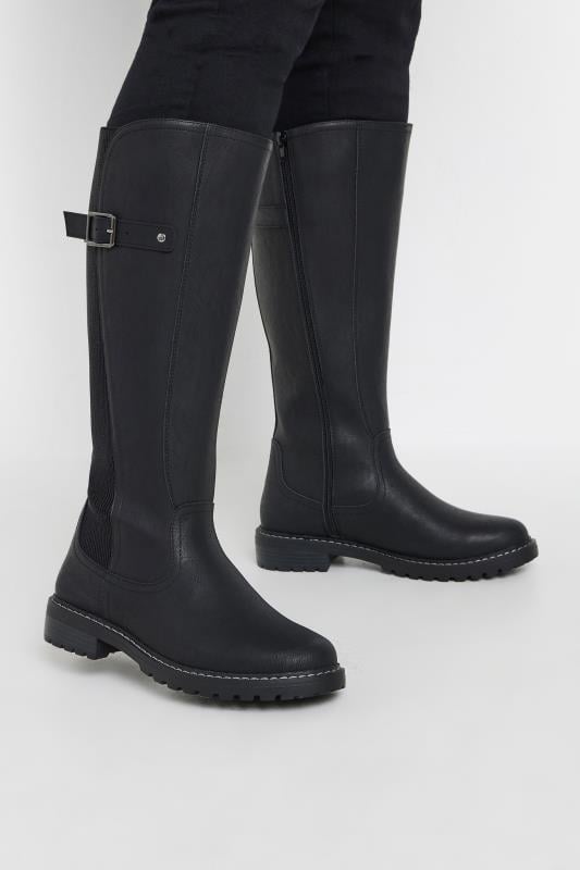 evans Yours Black Faux Leather Stretch Knee High Boots In Extra Wide EEE Fit