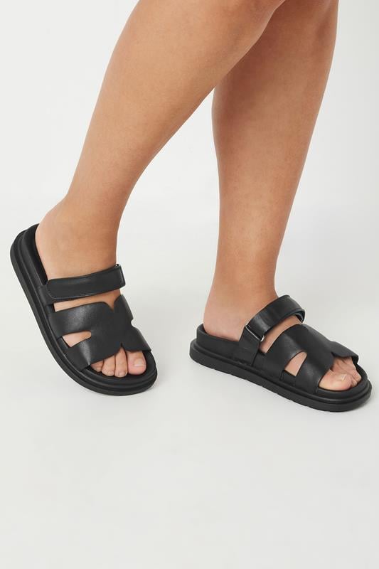 Evans Yours Black Faux Leather Velcro Strap Sandals In Extra Wide EEE Fit