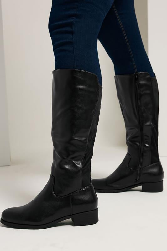 evans Yours Black Faux Leather Wide Calf Knee High Boots In Extra Wide EEE Fit
