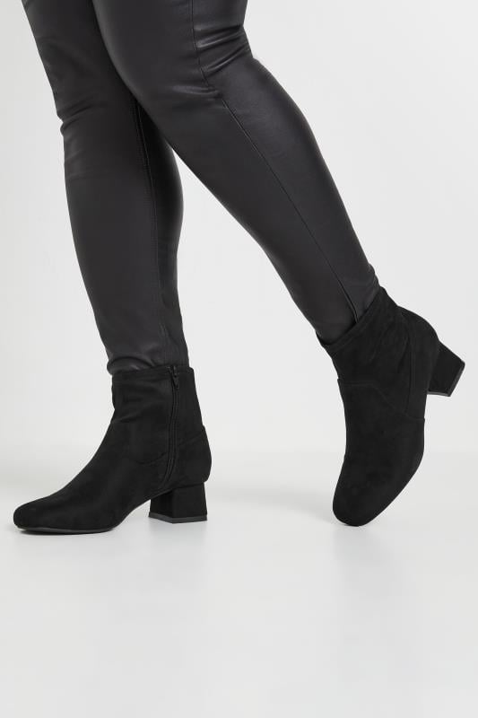 evans Yours Black Faux Suede Block Heel Boots In Extra Wide EEE Fit