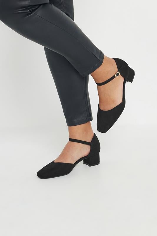 evans Yours Black Faux Suede Block Heel Court Shoes In Extra Wide EEE Fit