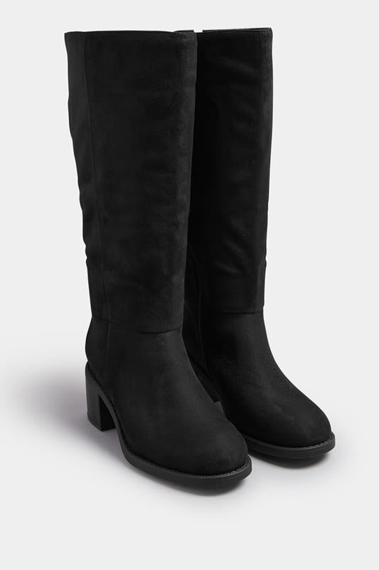Evans Yours Black Faux Suede Block Heel Knee High Boots In Wide E Fit & Extra Wide EEE Fit