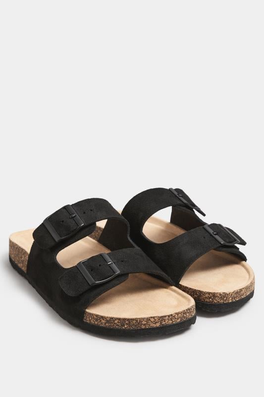 Evans Yours Black Faux Suede Buckle Strap Footbed Sandals In Extra Wide EEE Fit