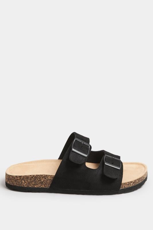 Evans Yours Black Faux Suede Buckle Strap Footbed Sandals In Extra Wide EEE Fit