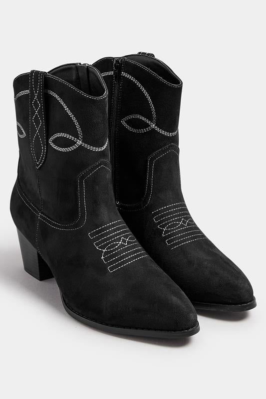 Evans Yours Black Faux Suede Contrast Stitch Western Heel Ankle Boots In Extra Wide EEE Fit