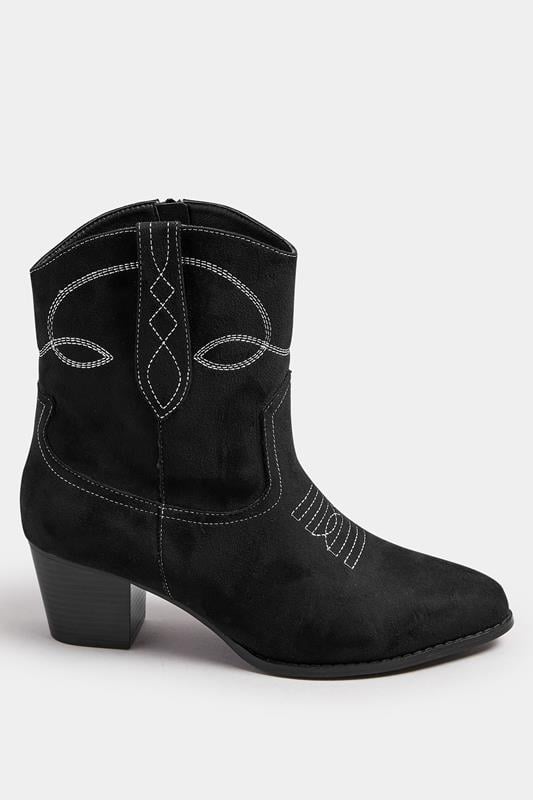 Evans Yours Black Faux Suede Contrast Stitch Western Heel Ankle Boots In Extra Wide EEE Fit