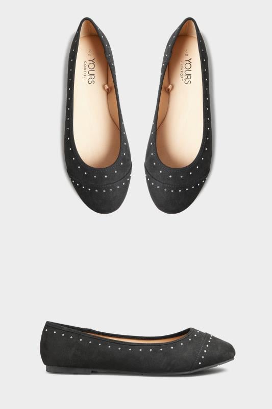 Evans Yours Black Faux Suede Diamante Ballerina Pumps In Wide E Fit & Extra Wide EEE Fit