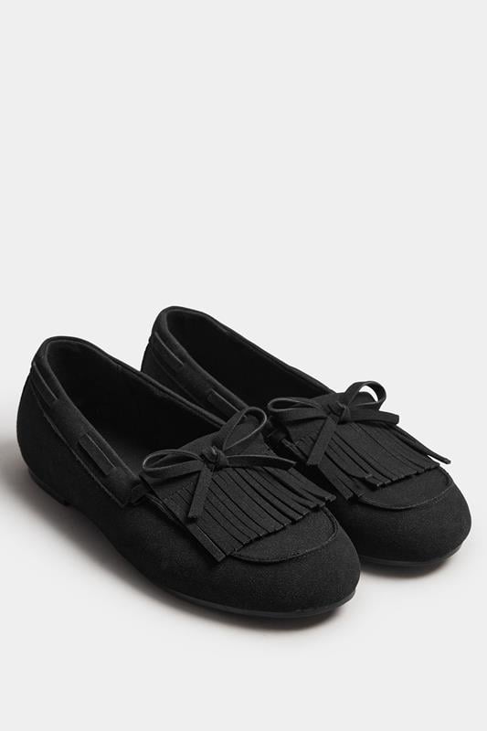 Evans Yours Black Faux Suede Fringe Loafers In Extra Wide EEE Fit
