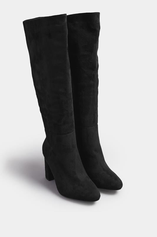 Evans Yours Black Faux Suede Heeled Knee High Boot In Wide E & Extra Wide EEE Fit