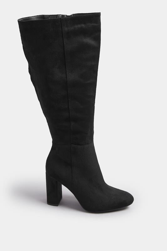 Evans Yours Black Faux Suede Heeled Knee High Boot In Wide E & Extra Wide EEE Fit