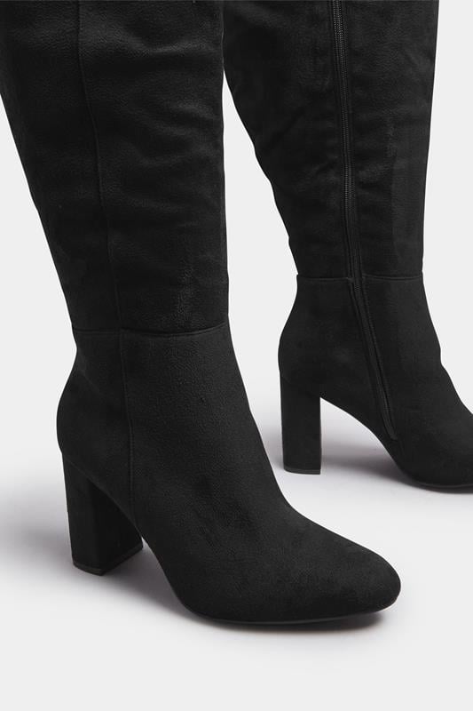 Evans Yours Black Faux Suede Heeled Knee High Boot In Wide E & Extra Wide EEE Fit