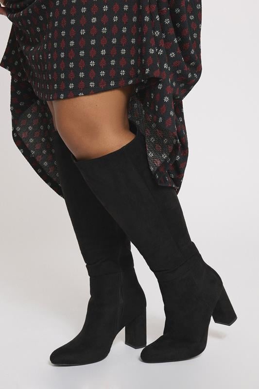 evans Yours Black Faux Suede Heeled Knee High Boot In Wide E & Extra Wide EEE Fit