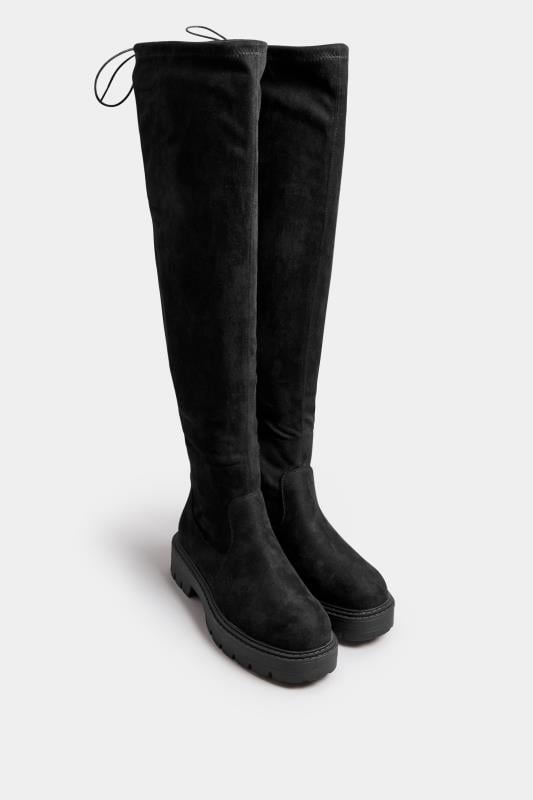 Evans Yours Black Faux Suede Knee High Boots In Extra Wide EEE Fit