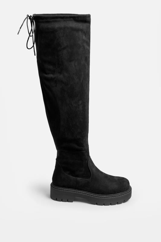 Evans Yours Black Faux Suede Knee High Boots In Extra Wide EEE Fit