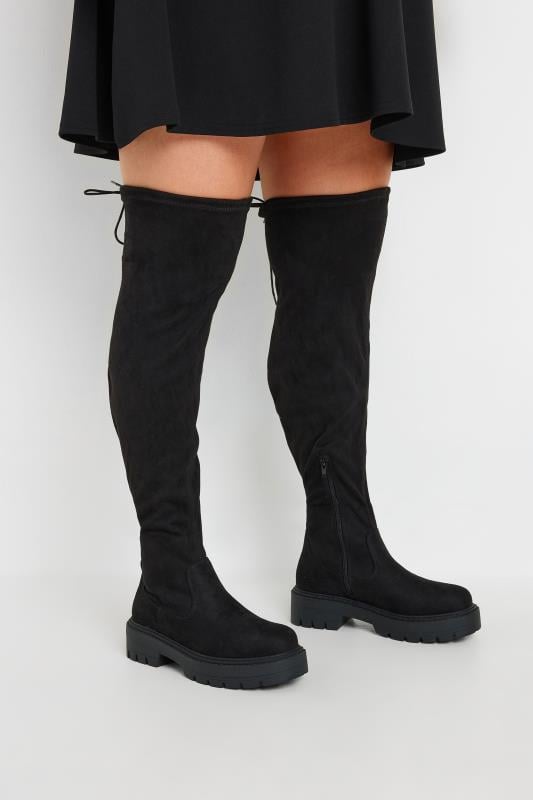 evans Yours Black Faux Suede Knee High Boots In Extra Wide EEE Fit