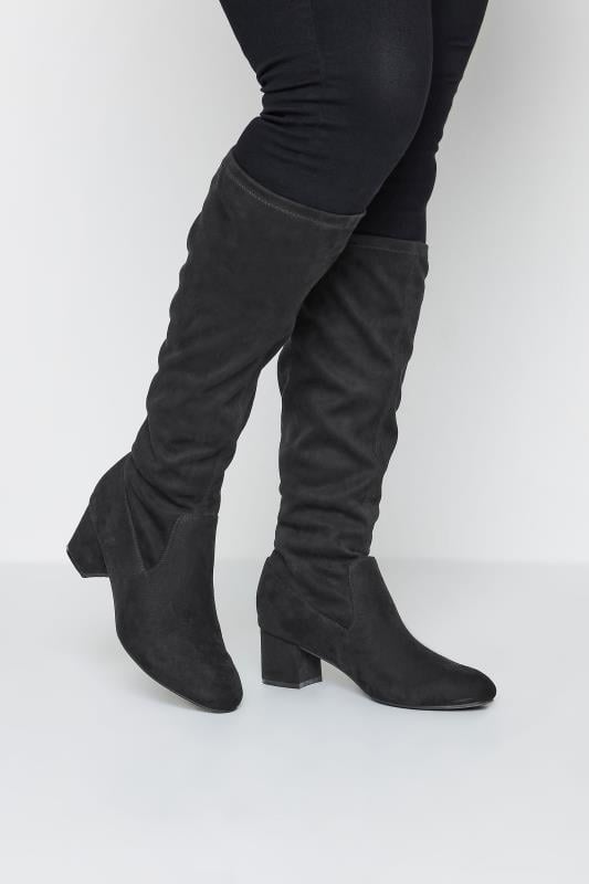 evans Yours Black Faux Suede Stretch Back Knee High Boots In Wide E Fit & Extra Wide EEE Fit