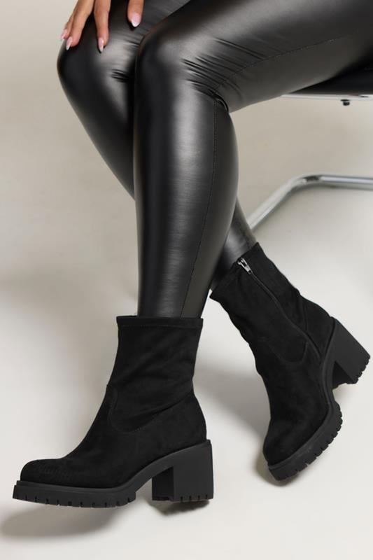 evans Yours Black Faux Suede Stretch Sock Boots In Extra Wide EEE Fit