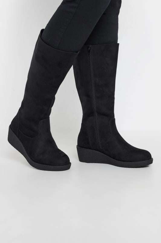 evans Yours Black Faux Suede Wedge Boots In Extra Wide EEE Fit