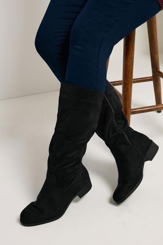 evans Yours Black Faux Suede Wide Calf Knee High Boots In Extra Wide EEE Fit