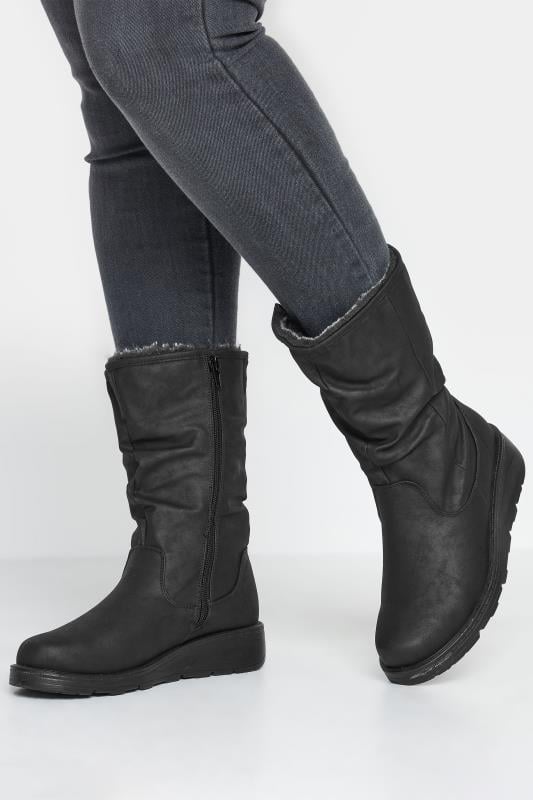 evans Yours Black Fur Lined Calf Boots In Wide E Fit & Wide EEE Fit