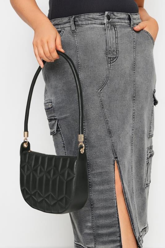 Evans Yours Black Geometric Stitch Quilted Shoulder Bag