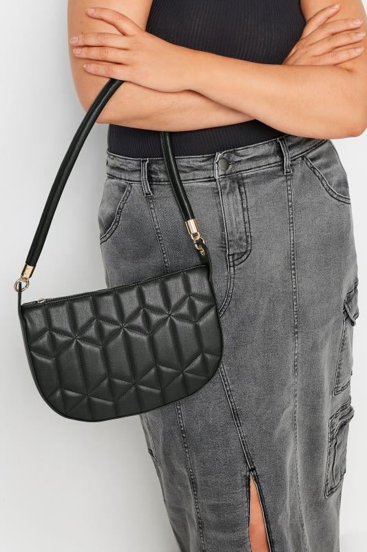 evans Yours Black Geometric Stitch Quilted Shoulder Bag
