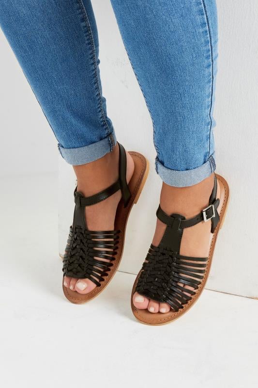 Evans Yours Black Leather Woven Fisherman Sandals In Extra Wide EEE Fit