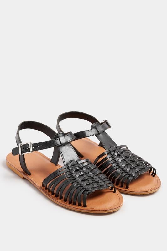 Evans Yours Black Leather Woven Fisherman Sandals In Extra Wide EEE Fit