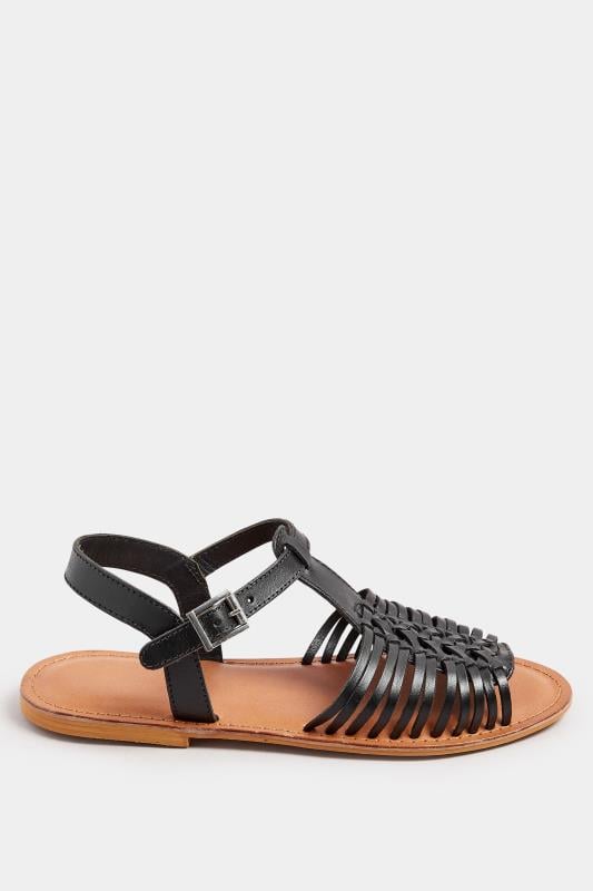 Evans Yours Black Leather Woven Fisherman Sandals In Extra Wide EEE Fit