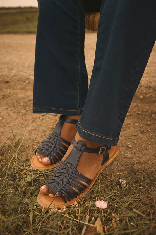 evans Yours Black Leather Woven Fisherman Sandals In Extra Wide EEE Fit