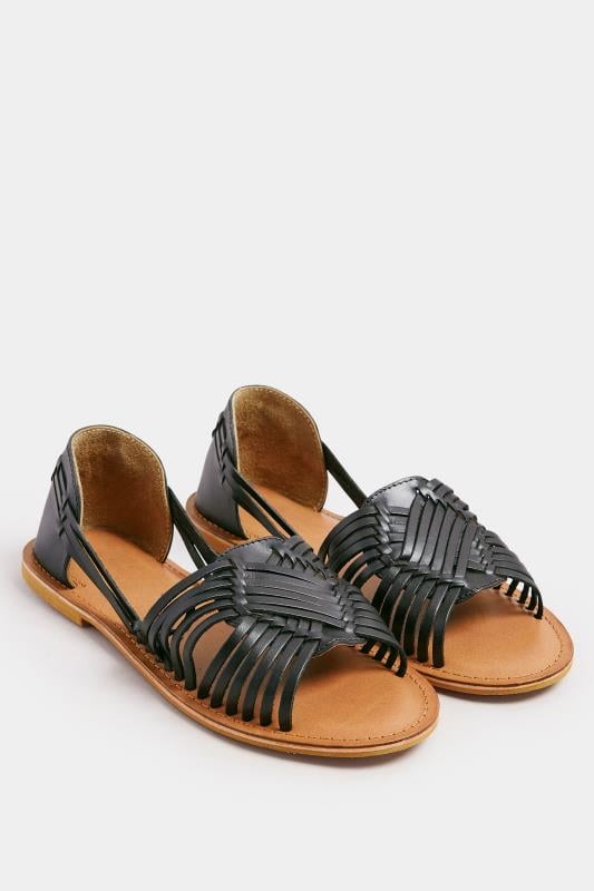 Evans Yours Black Leather Woven Flat Sandals In Wide E Fit & Extra Wide EEE Fit