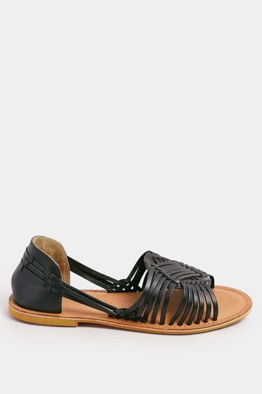 Evans Yours Black Leather Woven Flat Sandals In Wide E Fit & Extra Wide EEE Fit