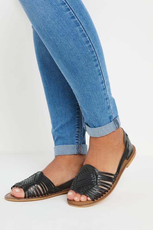 evans Yours Black Leather Woven Flat Sandals In Wide E Fit & Extra Wide EEE Fit