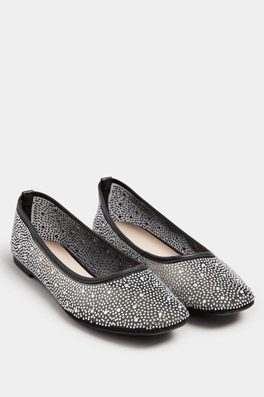 Evans Yours Black Mesh Diamante Embellished Ballerina Pumps In Wide E Fit