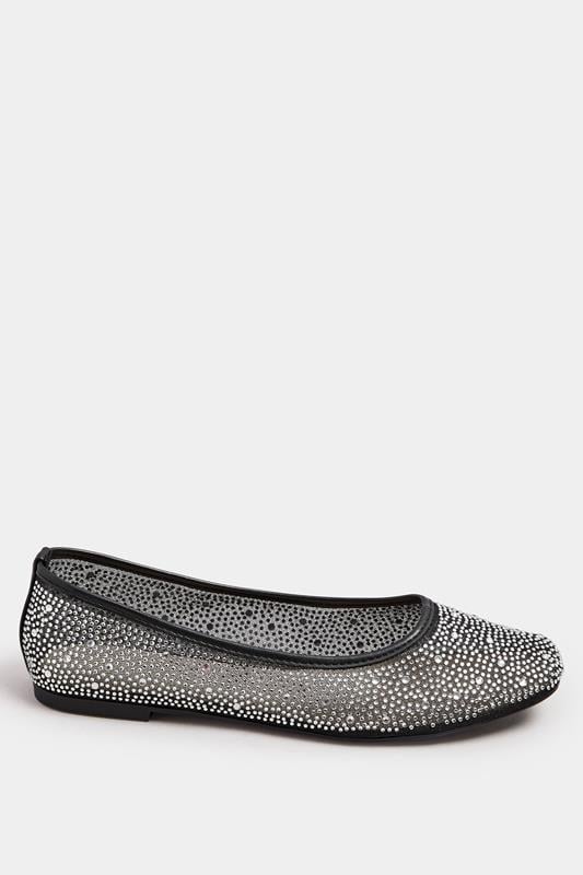 Evans Yours Black Mesh Diamante Embellished Ballerina Pumps In Wide E Fit