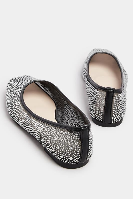 Evans Yours Black Mesh Diamante Embellished Ballerina Pumps In Wide E Fit