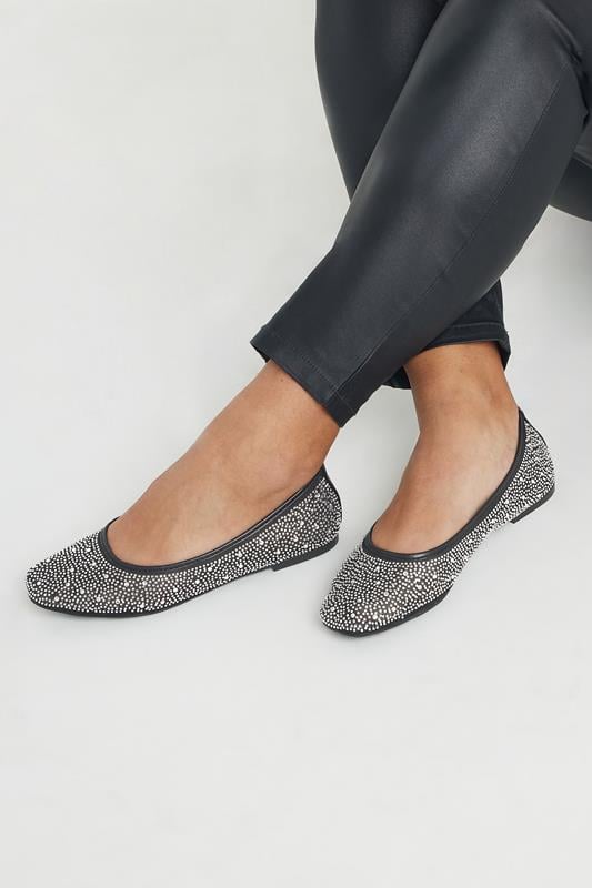 evans Yours Black Mesh Diamante Embellished Ballerina Pumps In Wide E Fit