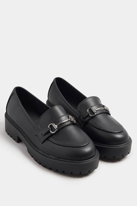 Evans Yours Black Metal Trim Detail Loafers In Wide E & Extra Wide EEE Fit