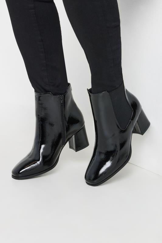 evans Yours Black Patent Block Heel Chelsea Boots In Extra Wide EEE Fit
