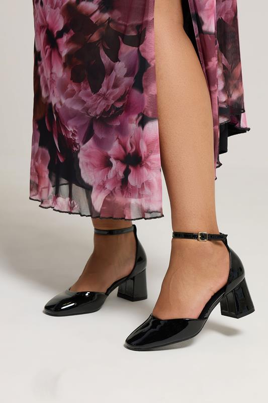 evans Yours Black Patent Block Mary Jane Heels In Extra Wide EEE Fit
