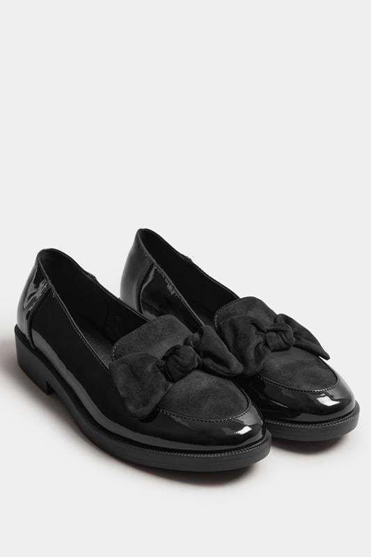 Evans Yours Black Patent Bow Front Loafers In Extra Wide EEE Fit
