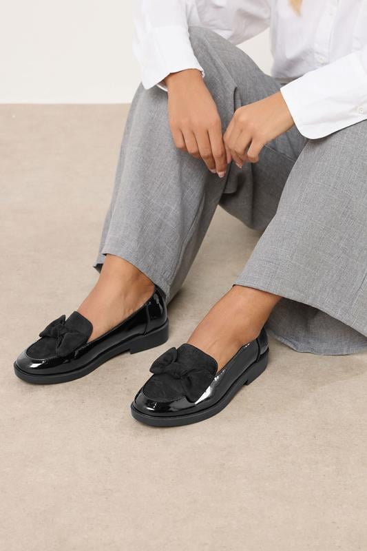 evans Yours Black Patent Bow Front Loafers In Extra Wide EEE Fit