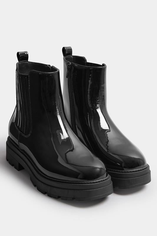 Evans Yours Black Patent Chunky Chealsea Boots In Extra Wide EEE Fit
