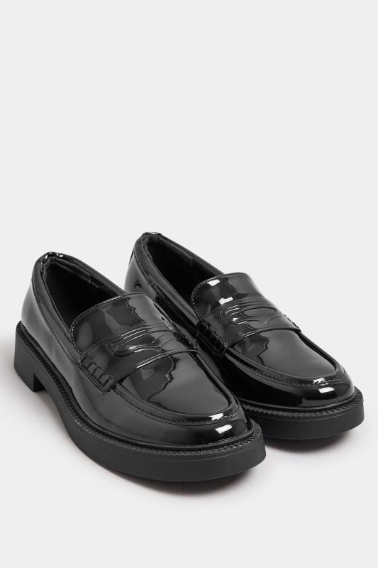 Evans Yours Black Patent Chunky Slip On Loafers In Wide E Fit & Extra Wide EEE Fit